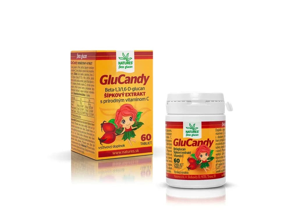 Škatuľka a dóza GluCandy s betaglukánom a šípkovým extraktom, na obale víla so šípkami, 60 tabliet