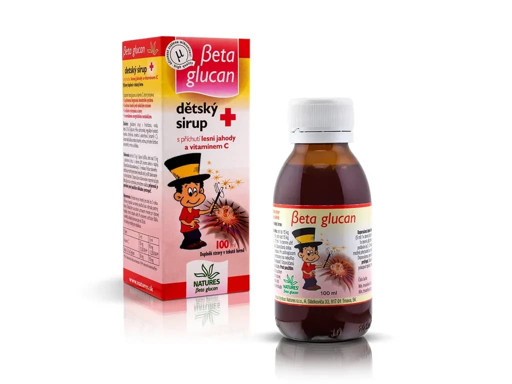 Škatuľka a fľaša Beta glucan detský sirup s príchuťou lesnej jahody, na obale chlapec v cylindri, 100 ml